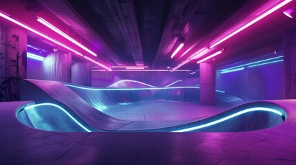 Blank mockup of a futuristic skatepark design with sleek curves and neon accents. .