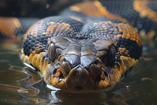 Anaconda: Swimming in murky waters, showcasing its powerful body and aquatic lifestyle.without logo and without watermark 