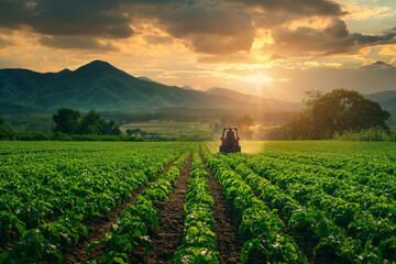 Tractor Spraying Crops at Sunset