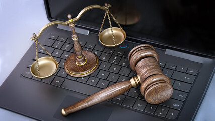 Judge gavel and balanced scale standing on laptop computer keyboard. 3D illustration - 792627117