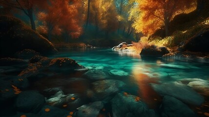 A beautiful and fabulous river in the woods. Light in the woods.