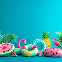 Pool water float toys. Inflatable swim rings, flamingo, watermelon, pineapple colourful ocean floating rings for kids. 3D render cartoon for tropical vacation copy space banner for mobile and web. 