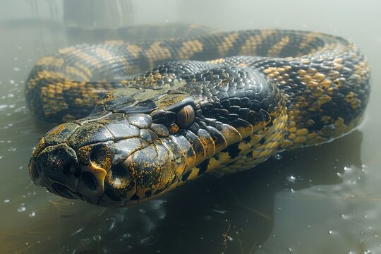 Anaconda: Swimming in murky waters, showcasing its powerful body and aquatic lifestyle.without logo and without watermark 