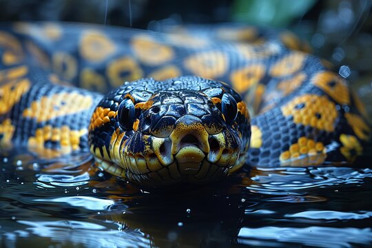 Anaconda: Swimming in murky waters, showcasing its powerful body and aquatic lifestyle.without logo and without watermark 