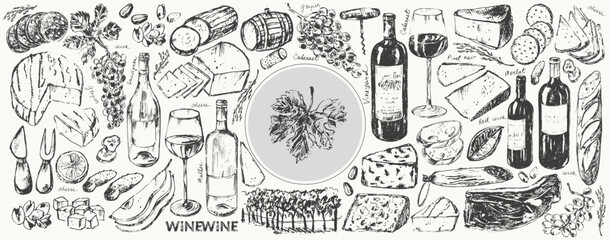 Vector wine illustration. Wine bottle, glass, snack