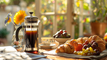 Sunny morning breakfast scene with a French press coffee, croissants, and fresh fruit on a cozy...