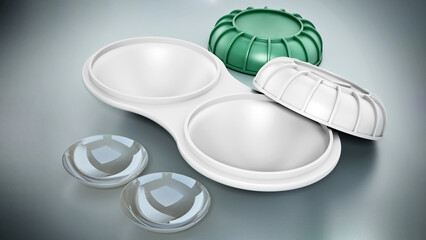 Contact lens box and lenses isolated on gray background. 3D illustration - 792628373