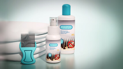Hair lice shampoo, spray, metal lice and towel. 3D illustration - 792628551