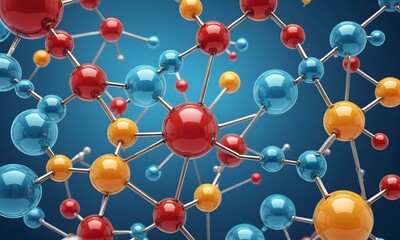 Colorful 3D glass molecules and atoms in blue background