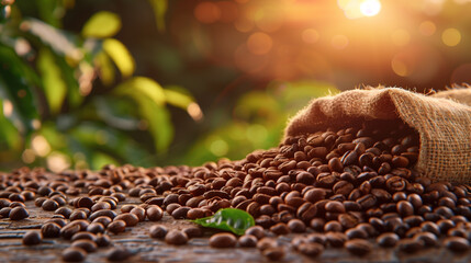 Roasted coffee beans spilling from a burlap sack into a rustic wooden table with a fresh green backdrop. - Powered by Adobe