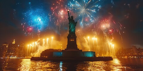 New York. Fireworks over the Statue of Liberty, Independence Day