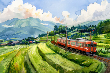 棚田を走る電車の風景（水彩画）