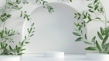 white podium stage with green olive leaves. platform or pedestal mockup for products presentation in studio. Background with rectangular stands