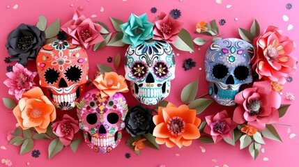 delicate paper sugar skulls in vibrant colors with intricate sugar flower decorations. Use black and white accents to create a beautiful and respectful display for  (Day of the Dead) - obrazy, fototapety, plakaty