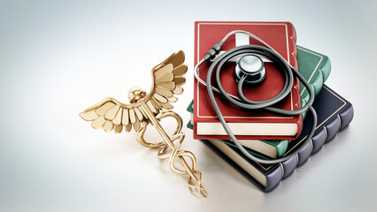 Stethoscope, golden caduceus and medicine books isolated on white background. 3D illustration - 792629914
