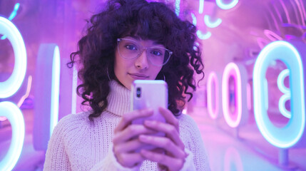 Young woman taking selfie in neon-lit urban setting. Generative AI image