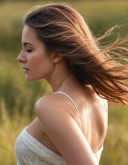 blurry realistic picture of young womans back, brown hair blowing gently in the wind