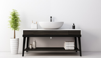 A modern bathroom vanity with a white sink dark wood cabinet and a potted plant next to it