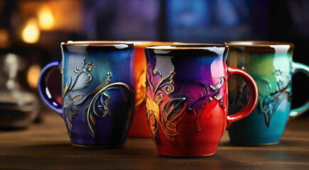 cup background in the combination with red and blue color abstain color with combination of the purple color with jewels decorated with it and uniwque artwork on the background abstract view   - obrazy, fototapety, plakaty