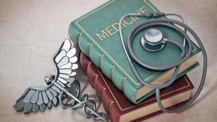 Stethoscope, silver caduceus and medicine books. 3D illustration