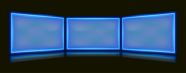 Realistic Stage with Three LED Screens Featuring Neon Blue and White Dot Lights. Ideal for Performance Backgrounds, Concert Halls, Modern Theaters, and Nightclub Decorations. Vector Illustration. - obrazy, fototapety, plakaty