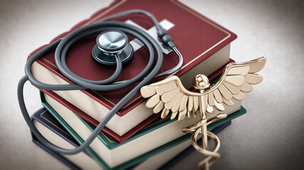 Stethoscope, golden caduceus and medicine books. 3D illustration