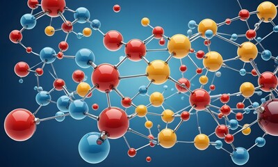 Colorful 3D glass molecules and atoms in blue background