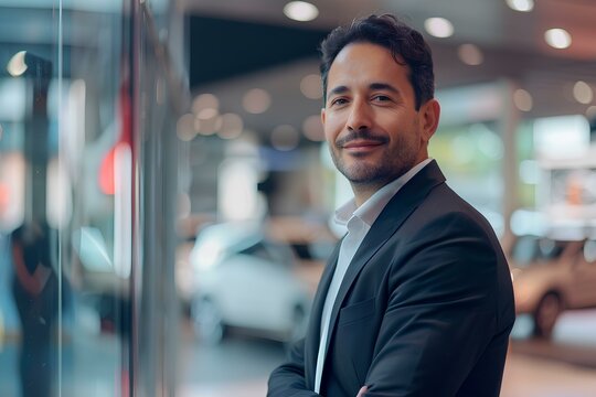 Confident male real estate agent standing outside car showroom Proudly Conveying expertise and accessibility Ready to help buyers of hybrid cars On the background of a car showroom. generative AI