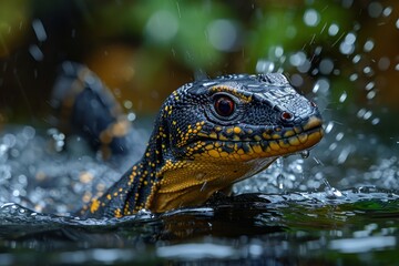 Obraz premium Asian Water Monitor: Swimming in a river with sleek body and powerful tail, showcasing adaptation