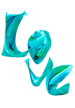 Smooth viscous letters in the style of viscous liquid in watercolor blue-emerald stains. Spotted graffiti silhouette. Stylized digital letters. Curved green azure gemstone. Delicate swirling waves.