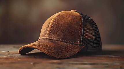 A vintage-inspired trucker cap mockup on a solid brown background, capturing its mesh back and retro logo, all presented in HD to showcase its nostalgic and casual charm