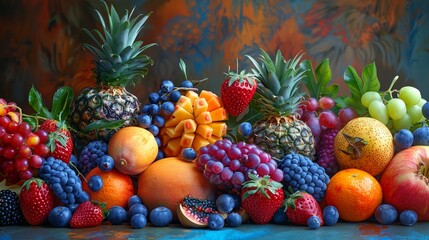 Naklejka na ściany i meble Still life of exotic fruits with vibrant colors and textures , hyper detailed