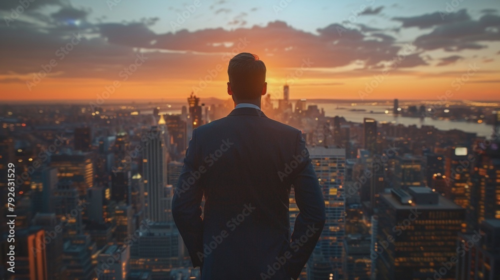 Wall mural successful businessperson with skyline backdrop, conveying ambition , dall-e 2