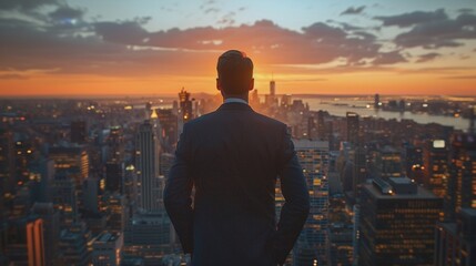 Successful businessperson with skyline backdrop, conveying ambition , DALL-E 2