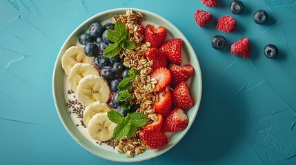 Topdown view of a healthy, colorful breakfast bowl , 3D render