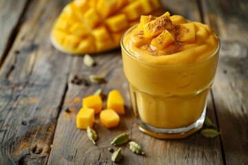 a closeup of a vibrant mango lassi spilling out onto a rustic wooden table Creamy swirls of yellow and orange mingle with chunks of perfectly ripe mango 