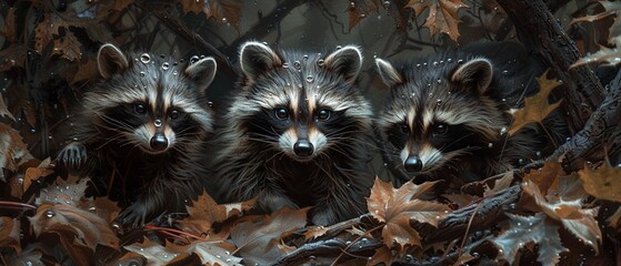 A hyperrealistic oil painting of character looking down at three raccoons playing together In the dark with dewcovered leaves