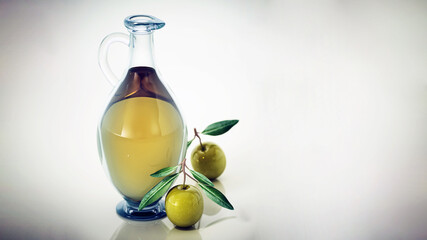 Glass olive oil bottle and raw olives isolated on white background. 3D illustration - 792632116