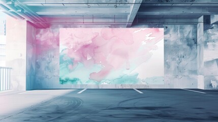 Blank mockup of a parking garage banner with an abstract watercolor background and elegant calligraphy font. .