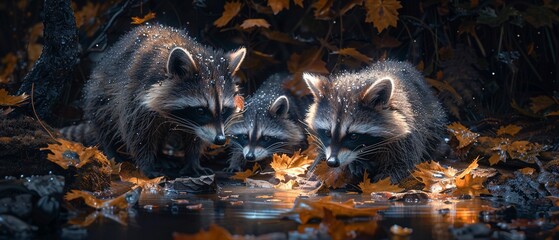 A hyperrealistic oil painting of character looking down at three raccoons playing together In the dark with dewcovered leaves