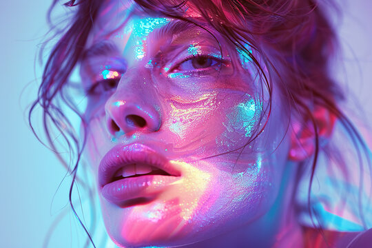 Woman With Blue and Pink Lights on Her Face. Generative AI