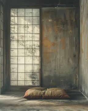 A raw, slightly overexposed photograph of the ancient Japanese interior A single, weathered cushion rests near the open rice paper doors
