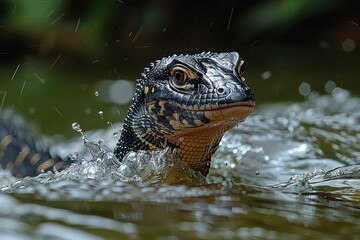 Obraz premium Asian Water Monitor: Swimming in a river with sleek body and powerful tail, showcasing adaptation