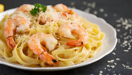 pasta with shrimp and parmesan cheese on a dark background.