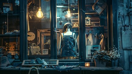 A window display of clothing with a mannequin wearing a blue dress