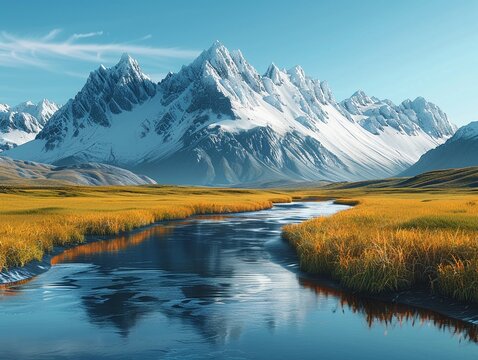 Minimalist Mountain Landscape A minimalist composition showcasing snowcapped mountains against a clear blue sky, with a winding river flowing through a valley below , 3D rander