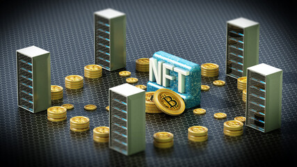 Crypto coins connecting data servers with NFT word at the center. 3D illustration