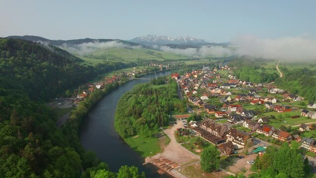 Aerial view of the Sromowce Nizne village in Pieniny National Park, Poland