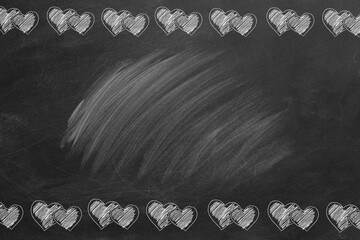 Illustration with chalk drawing hearts shapes on the blackboard and copy space for your text or design. Valentines Day, love