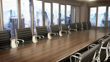 Meeting table and office chairs inside the boardroom. 3D illustration - 792633321